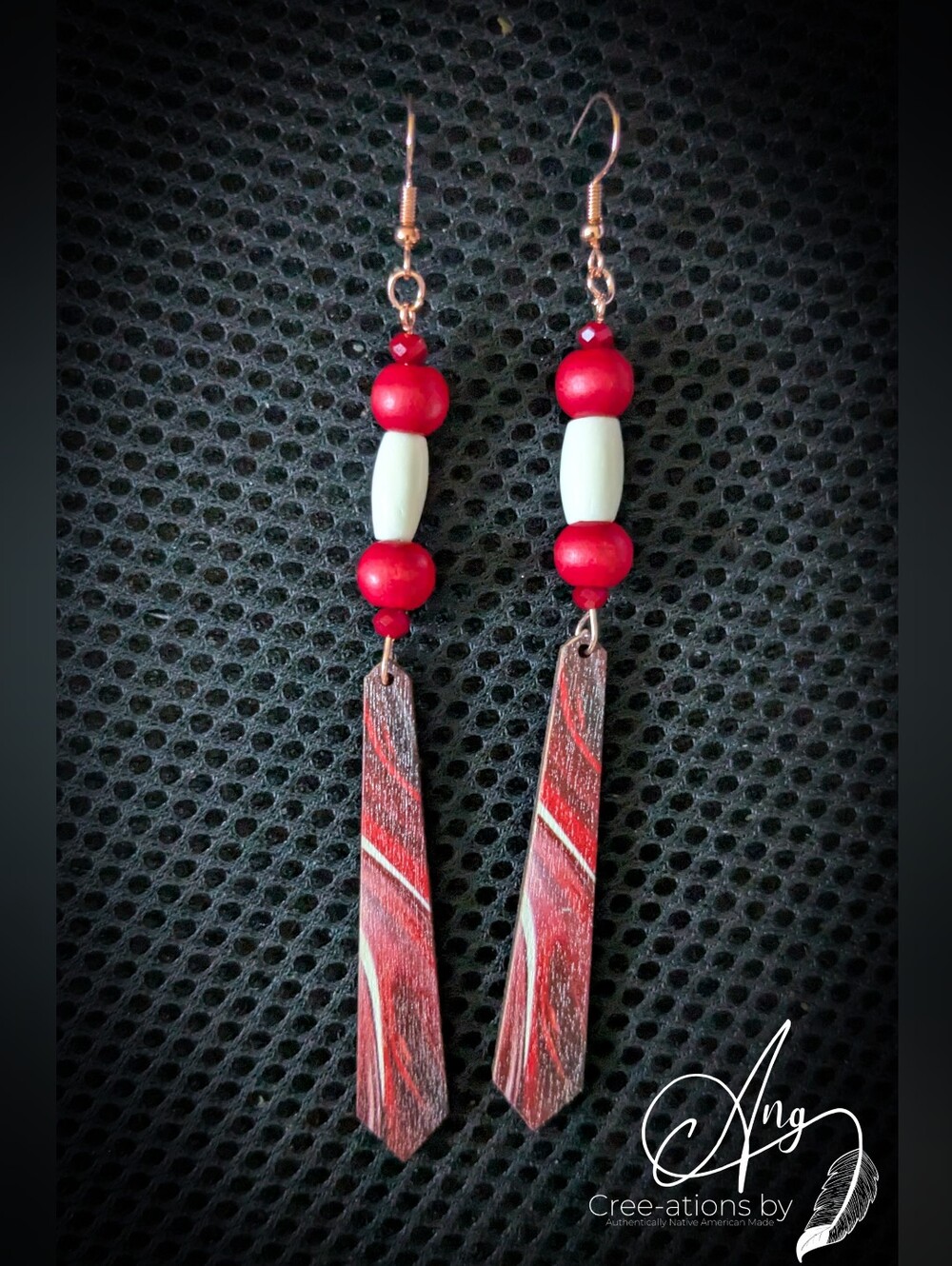 Red and Cream Wooden With Buffalo Bone Bead Dangle Earrings